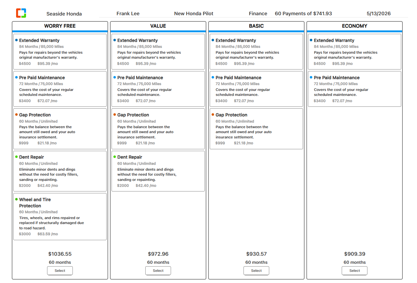 Gridfire F&I menu preview
